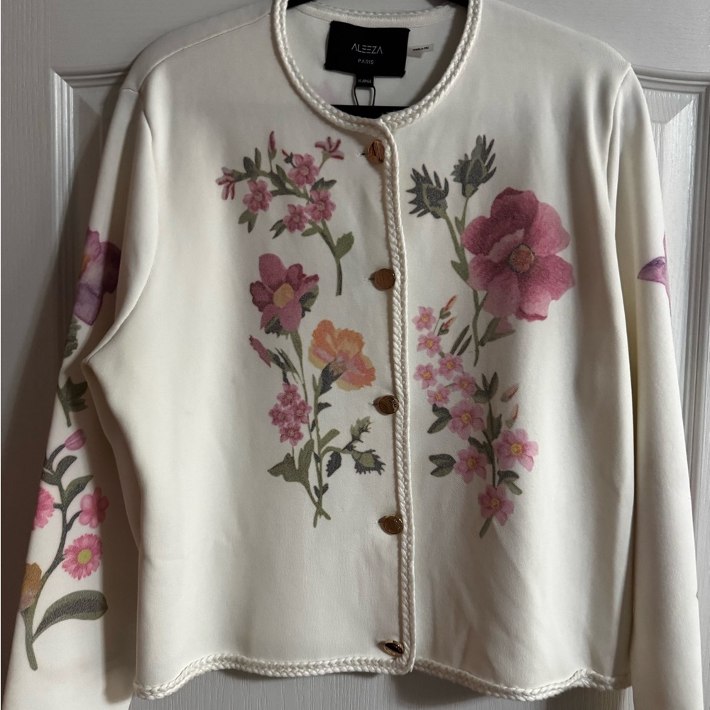 Aleeza Paris XL Glanville Floral Ivory Cardigan with Pink Blooms - Picture 2 of 4